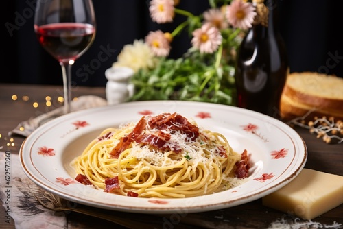 dish of spaghetti alla carbonara served on a white ceramic plate, topped with a generous sprinkle of Pecorino Romano and fresh ground black pepper