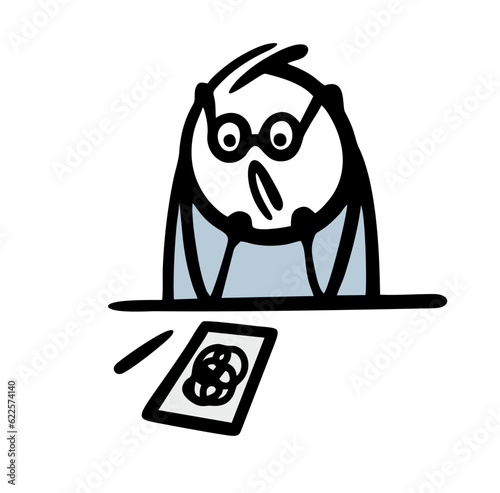 Smart student with glasses sitting at a table and solving complex mathematical problem. Vector illustration of teenage stickman passes psychological test.