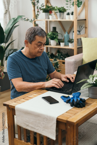 A retired Asian man balances his love for gardening with a newfound interest in online shopping, carefully selecting the best tools and supplies for his indoor garden.