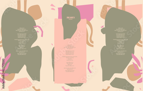 Design  menu. Pastel colors associated with sweet fruits and tasty additions to drinks. List, flyer, menu, banner. Layout for outdoor restaurant, pool bar. Abstract design elements. Green, pink, beige