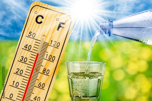 thermometer shows high temperature in summer heat and bottle with water and drinking glass