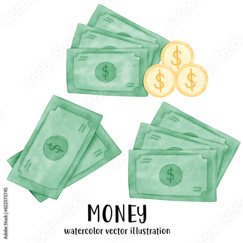 Money, money vector illustration, watercolor money, coins, bank, piggy bank, banking