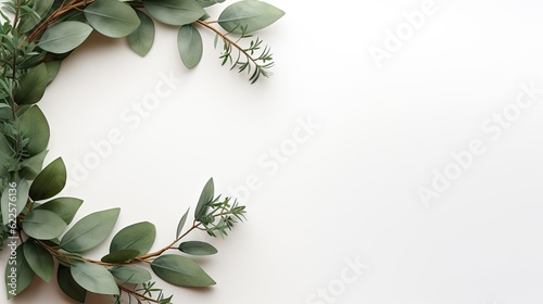 A close-up view of a simple chestnut and eucalyptus autumnal or christmas wreath encircling a blank space, offering a subtle and elegant frame for showcasing text or design materials. Generative AI.  