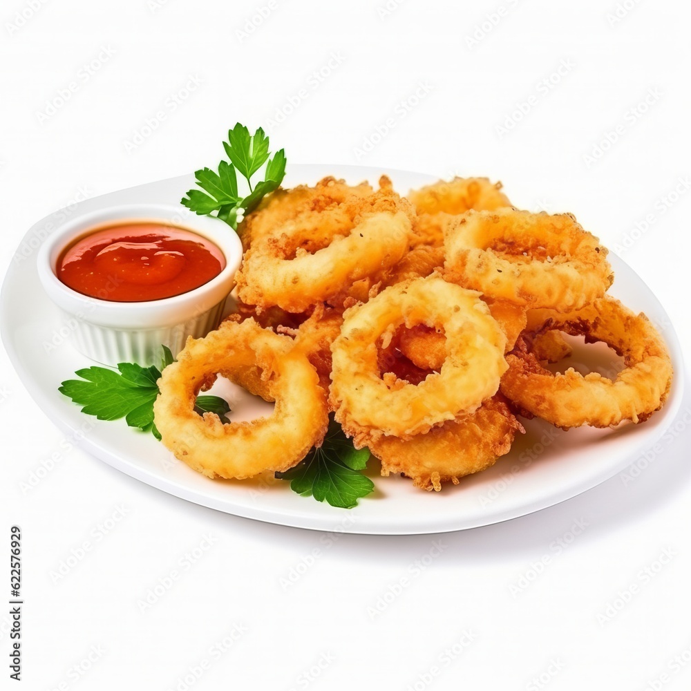 a delicious plate of crispy onion rings with a side of ketchup a delicious plate of crispy onion rings with a side of ketchup