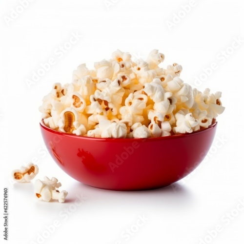 a red bowl filled with popcorn on top of a white table