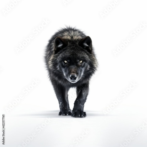 a majestic black and grey wolf walking on a snowy white background © LUPACO IMAGES