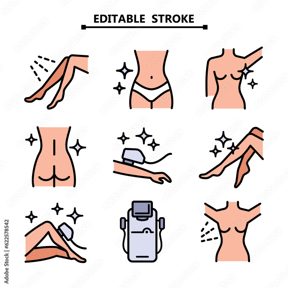 Laser hair removal icons. Laser epilation color icons. Editable stroke