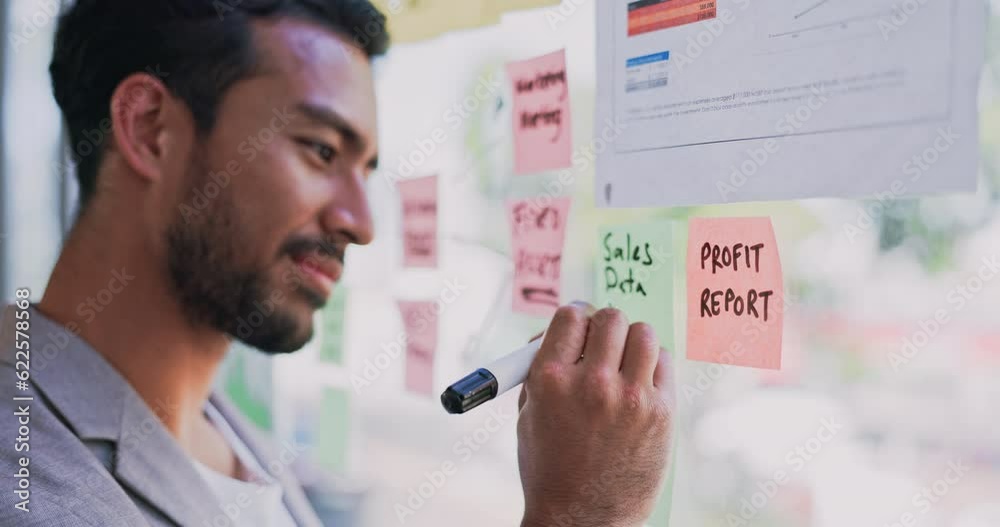 Writing, glass and business man planning for project management, budget goals or sales profit on sticky note. Financial data of professional or Asian person in job priority or finance ideas on window Writing, glass and business man planning for project management, budget goals or sales profit on sticky note. Financial data of professional or Asian person in job priority or finance ideas on window