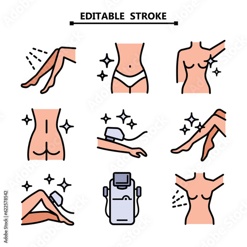 Laser hair removal icons. Laser epilation color icons. Editable stroke