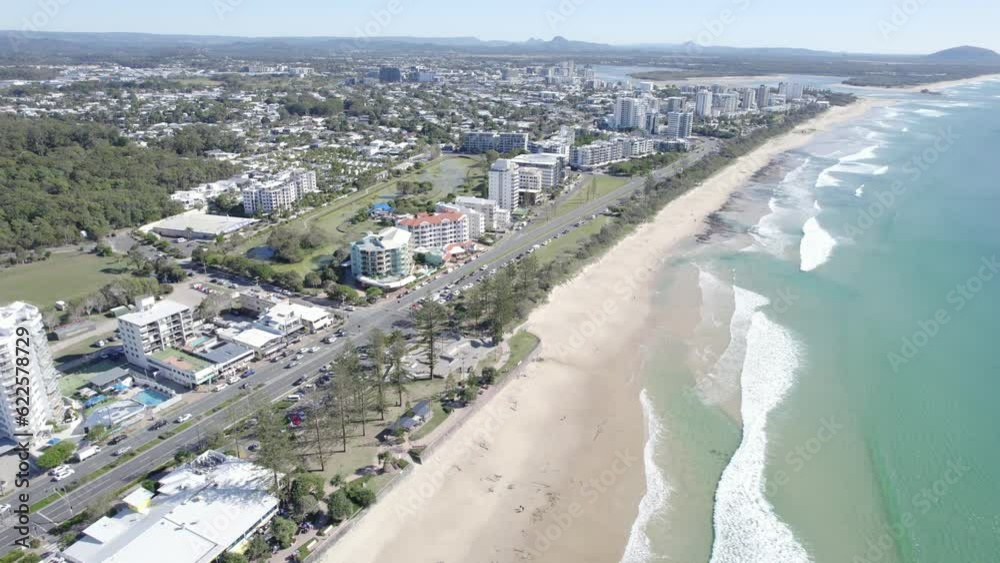 Sandy Beach In The Coastal Town Of Alexandra Headland On Queensland's Sunshine Coast In Australia. aerial Sandy Beach In The Coastal Town Of Alexandra Headland On Queensland's Sunshine Coast In Australia. aerial