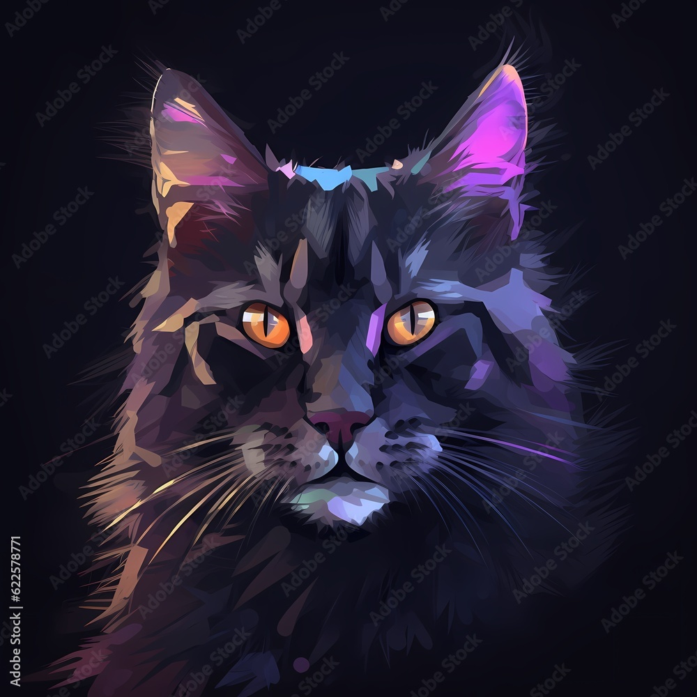 Colorful portrait of a cat. Illustration on a black background.