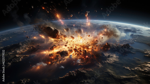 Fotografie, Obraz Generative ai illustration of  landscape and meteor hitting the planet earth