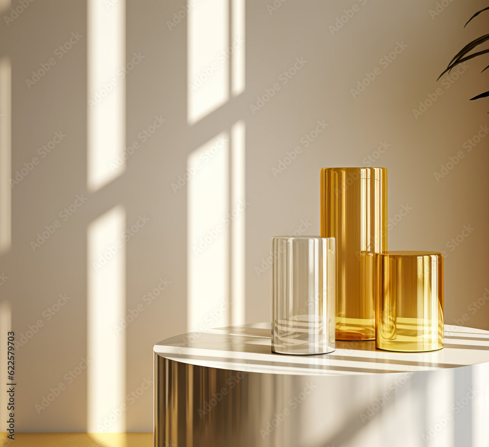 Elegance Unveiled: Three Tiered Cylindrical Pedestals in White and Translucent Yellow, Set against a Beige Wall in Soft Sunlight, Creating a Regal Atmosphere for Luxury Skincare Treatments