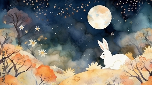 Fototapeta Śliczny królik z pełnią księżyca w tle