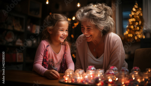 Happy grandmother and granddaughter spending quality time together on Christmas season