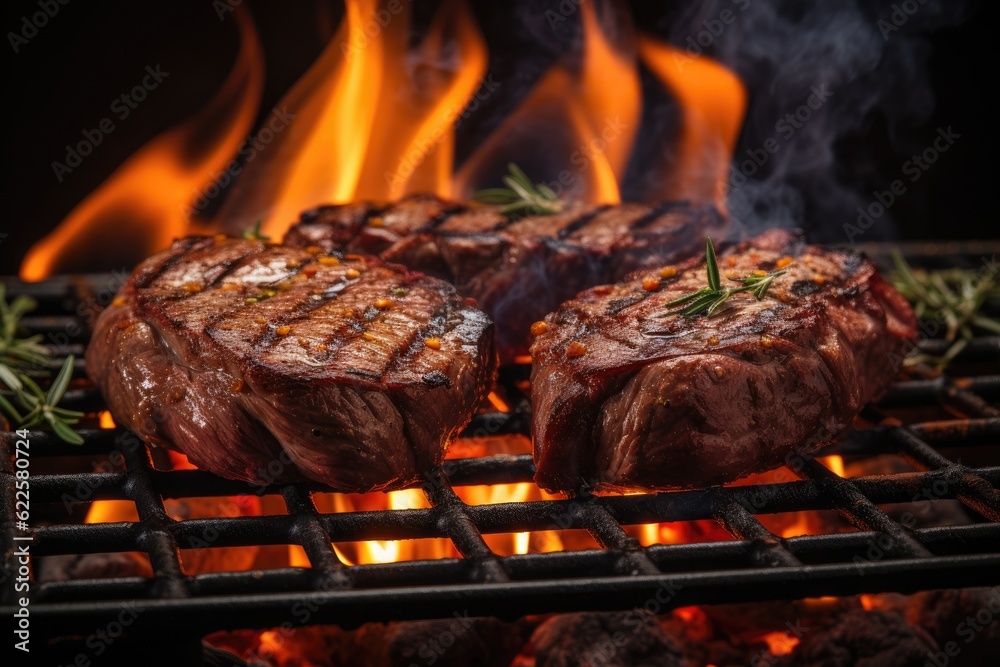 beef ribeye steak grilling on flaming grill beef ribeye steak grilling on flaming grill