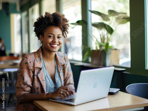 Young happy professional African American business woman wearing suit eyeglasses working on laptop in office sitting at desk looking at camera, female company manager executive portrait at workplace. photo