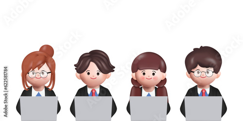 Business team working & talking together on IT startup with laptop computer. 3D people rendering vector.