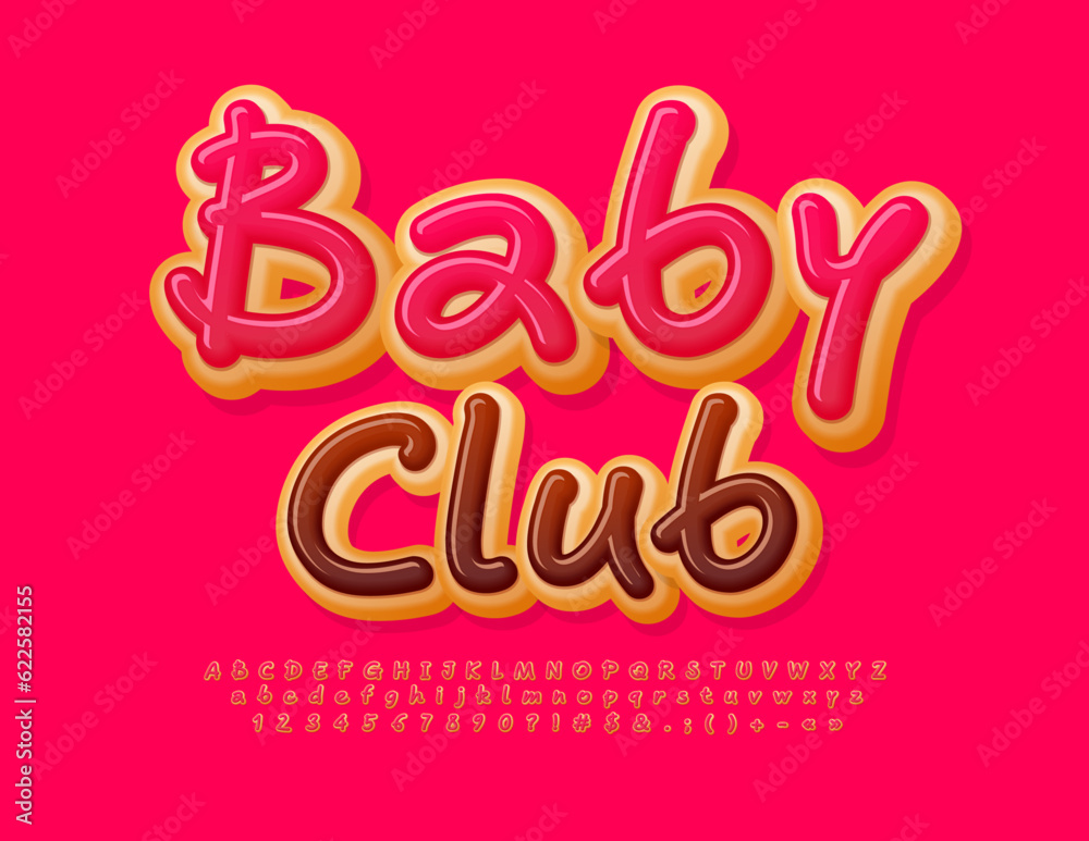 Vector cute banner Baby Club. Pink glazed Font. Handwritten set of sweet Alphabet Letters, Numbers ad Symbols