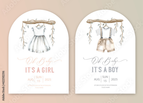 Cute baby shower watercolor invitation card for baby and kids new born celebration. Its a girl, Its a boy card with baby dress.