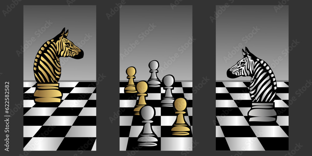 Un jeu d’échec, tout un art lorsque les chevaux sont remplacé par des zèbres - illustration décorative  sous forme de triptyque au couleurs or et argent.