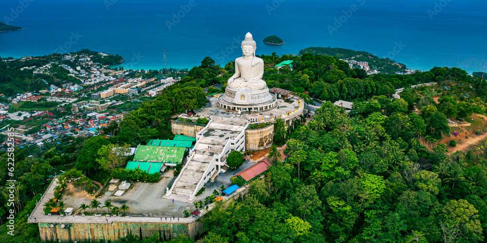 Beautiful Phuket white Big Buddha statue. Aerial view of Big Buddha viewpoint at sunrise in Phuket province, Thailand.