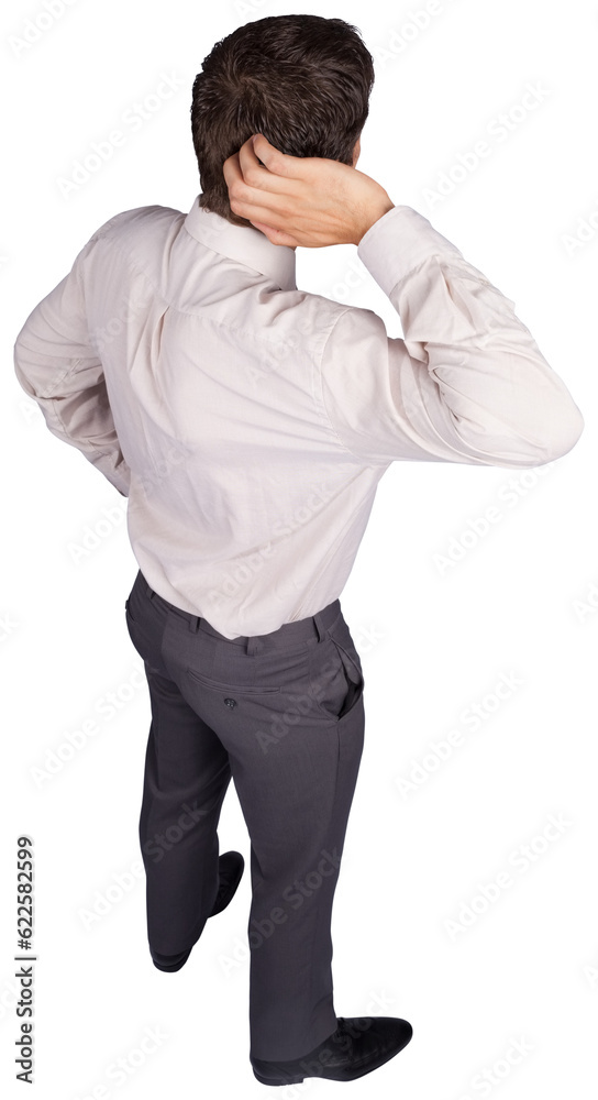 Digital png photo of back view of caucasian businessman scratching head on transparent background Digital png photo of back view of caucasian businessman scratching head on transparent background
