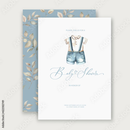 Cute baby shower watercolor invitation card for baby and kids new born celebration with baby clothes.