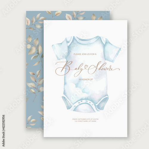 Cute baby shower watercolor invitation card for baby and kids new born celebration with baby clothes.