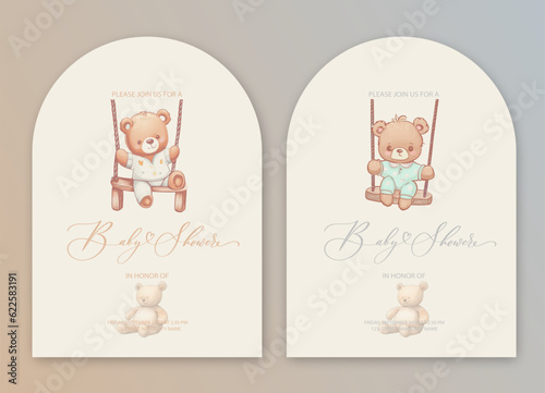 Cute baby shower watercolor invitation card for baby and kids new born celebration with plush teddy bear toy.
