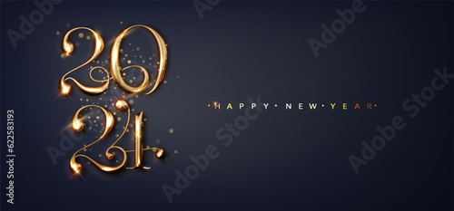 2024 Greeting Happy New Year card on dark background with a place for congratulations. Brochure design template, card, banner
