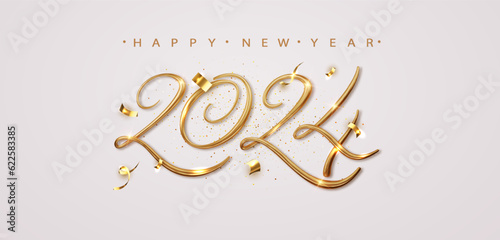 2024 Happy New Year banner with falling confetti on bright background. 2024 Golden 3d realistic number.