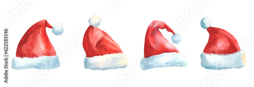 Watercolor Santa Clause hat clipart set.