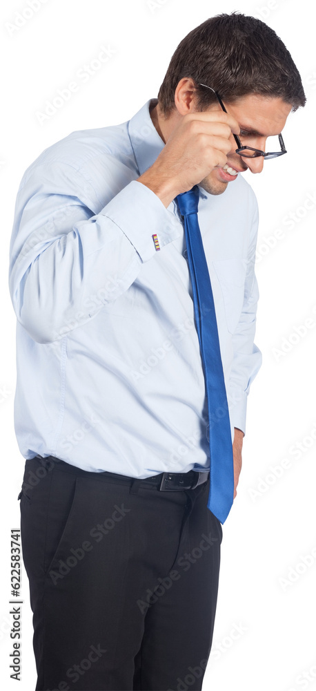 Digital png photo of happy caucasian businessman with glasses looking down on transparent background Digital png photo of happy caucasian businessman with glasses looking down on transparent background
