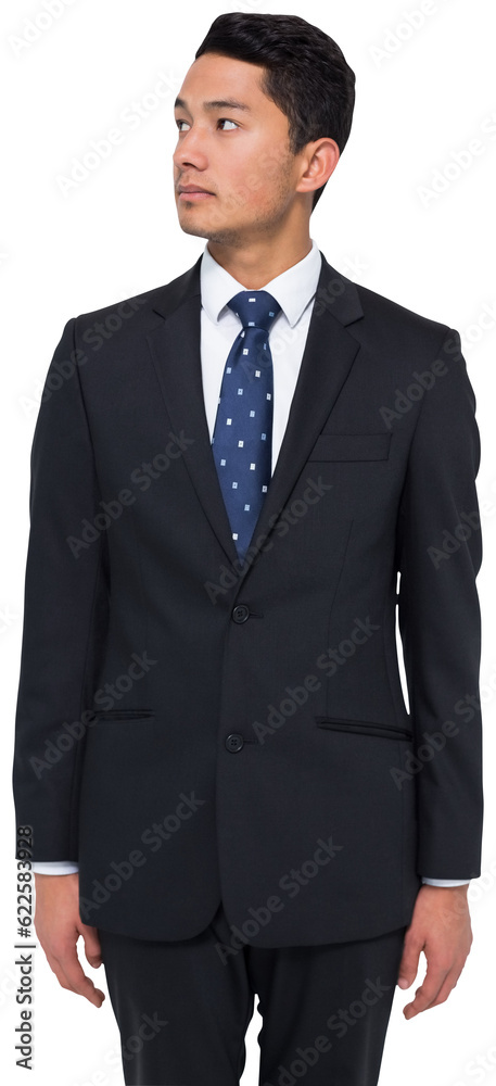Digital png photo of serious asian businessman looking sideways on transparent background Digital png photo of serious asian businessman looking sideways on transparent background
