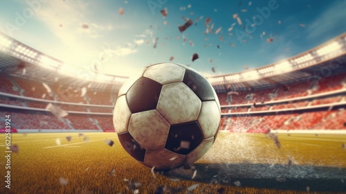 Soccer ball on the field. 3D rendering toned image