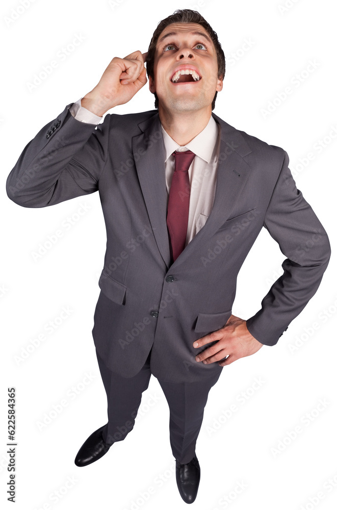 Digital png photo of happy caucasian businessman looking up and waiting on transparent background