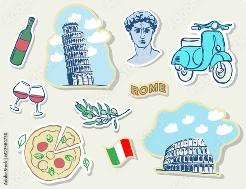 Travel, stickers, Italy , Europe, Pisa , tower,  Rome,  Coliseum, tourism , doodle , seaside, Italian seasides,   sticker set , pizza, scooter, olive,  architectural monument	