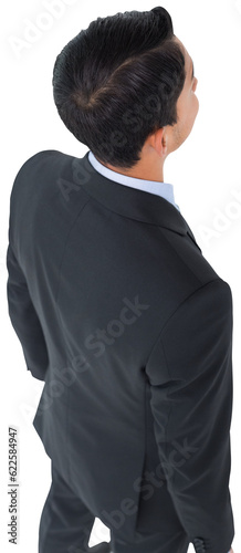 Digital png photo of back view of asian businessman looking ahead on transparent background