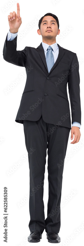 Digital png photo of focused asian businessman showing index finger on transparent background Digital png photo of focused asian businessman showing index finger on transparent background