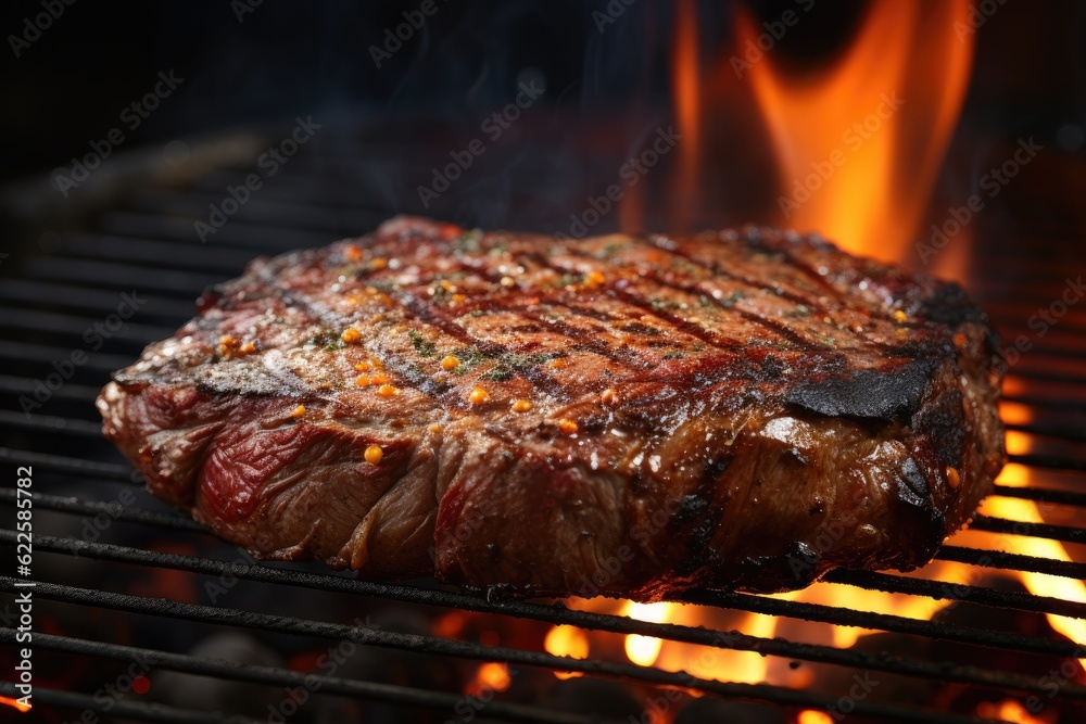 beef ribeye steak grilling on flaming grill beef ribeye steak grilling on flaming grill