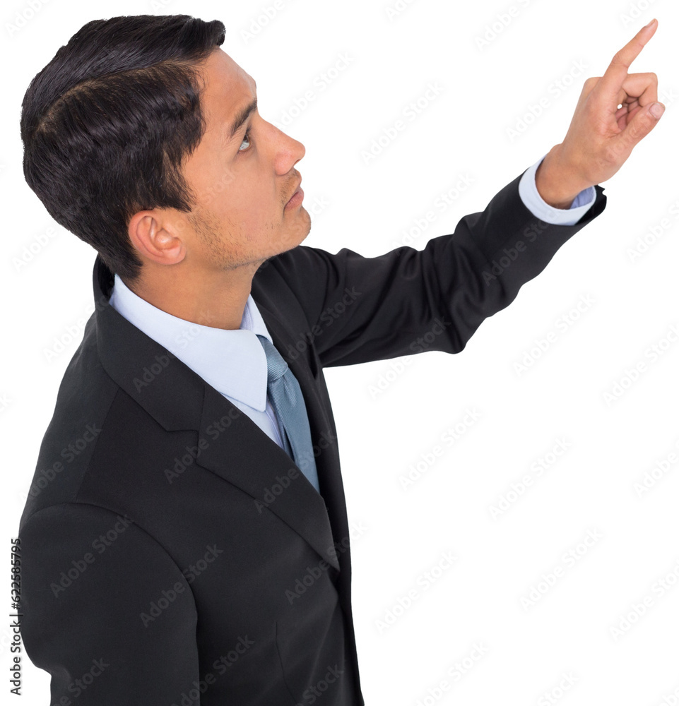 Digital png photo of focused asian businessman showing index finger on transparent background Digital png photo of focused asian businessman showing index finger on transparent background