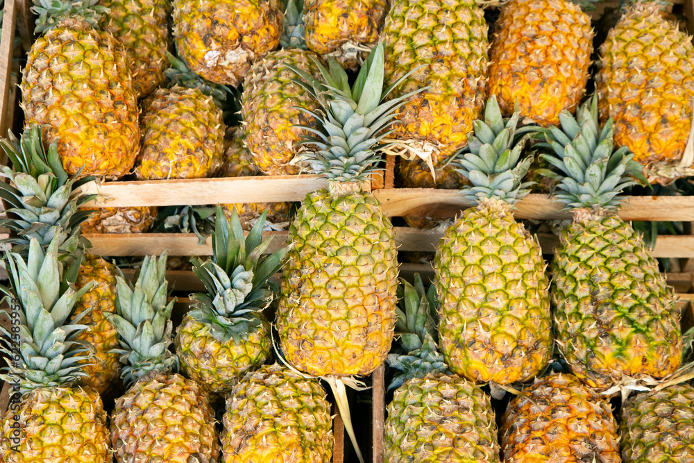 Pineapples at a stall in the central fruit and vegetable market in Arequipa, Peru.