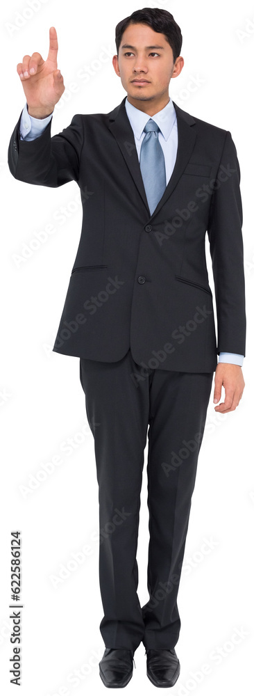 Digital png photo of serious asian businessman showing index finger on transparent background