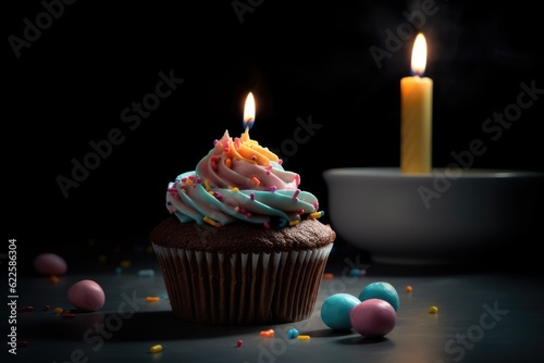Birthday cupcake with candle and decoration. Generative AI