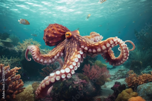 Big octopus on the deep of the sea with corals. Generative AI