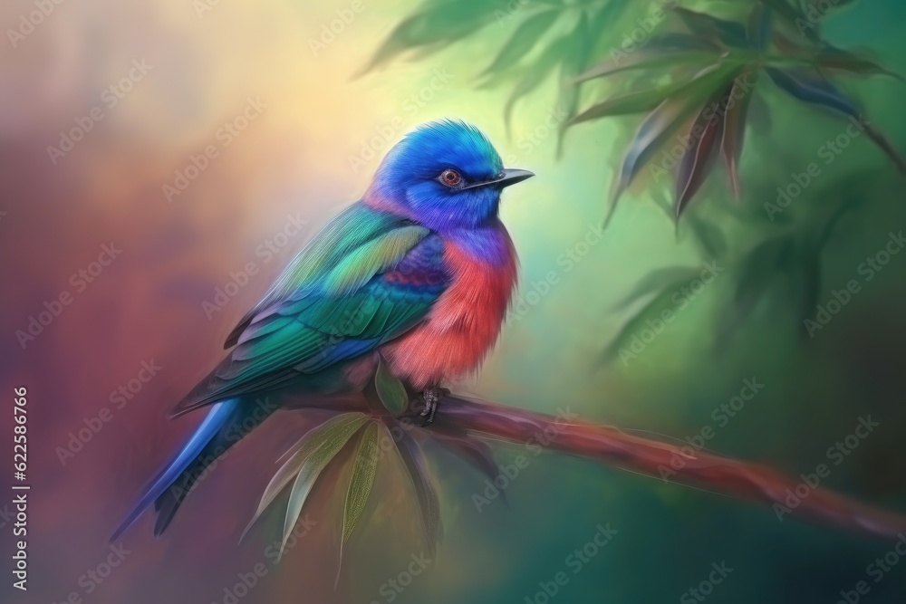 Bute blue, green and pink bird on a branch with a natural background. Generative AI Bute blue, green and pink bird on a branch with a natural background. Generative AI