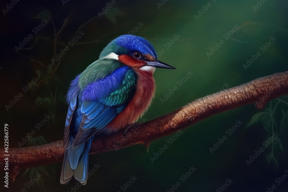 Fototapeta premium Bute blue, green and pink bird on a branch with a natural background. Generative AI