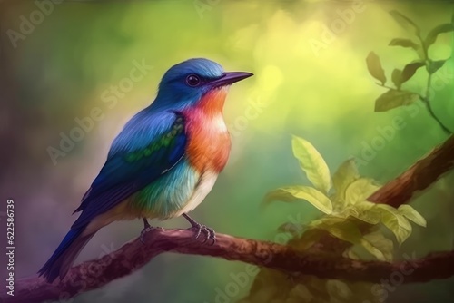 Bute blue, green and pink bird on a branch with a natural background. Generative AI © Gelpi