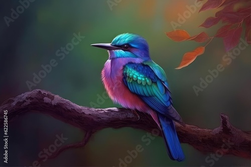 Bute blue, green and pink bird on a branch with a natural background. Generative AI